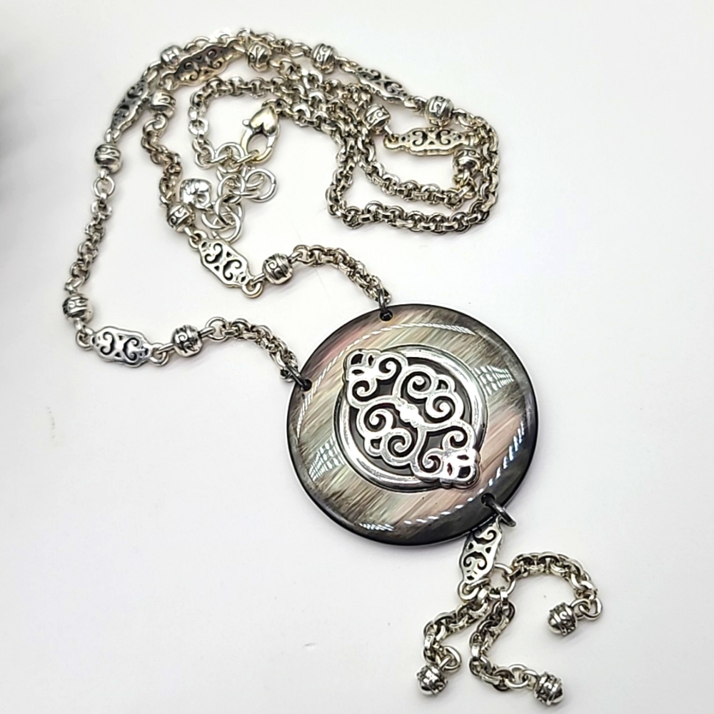 Brighton "ROMANO SHELL" Pendant w Mother of Pearl Inlay & Scrolled Links Chain!